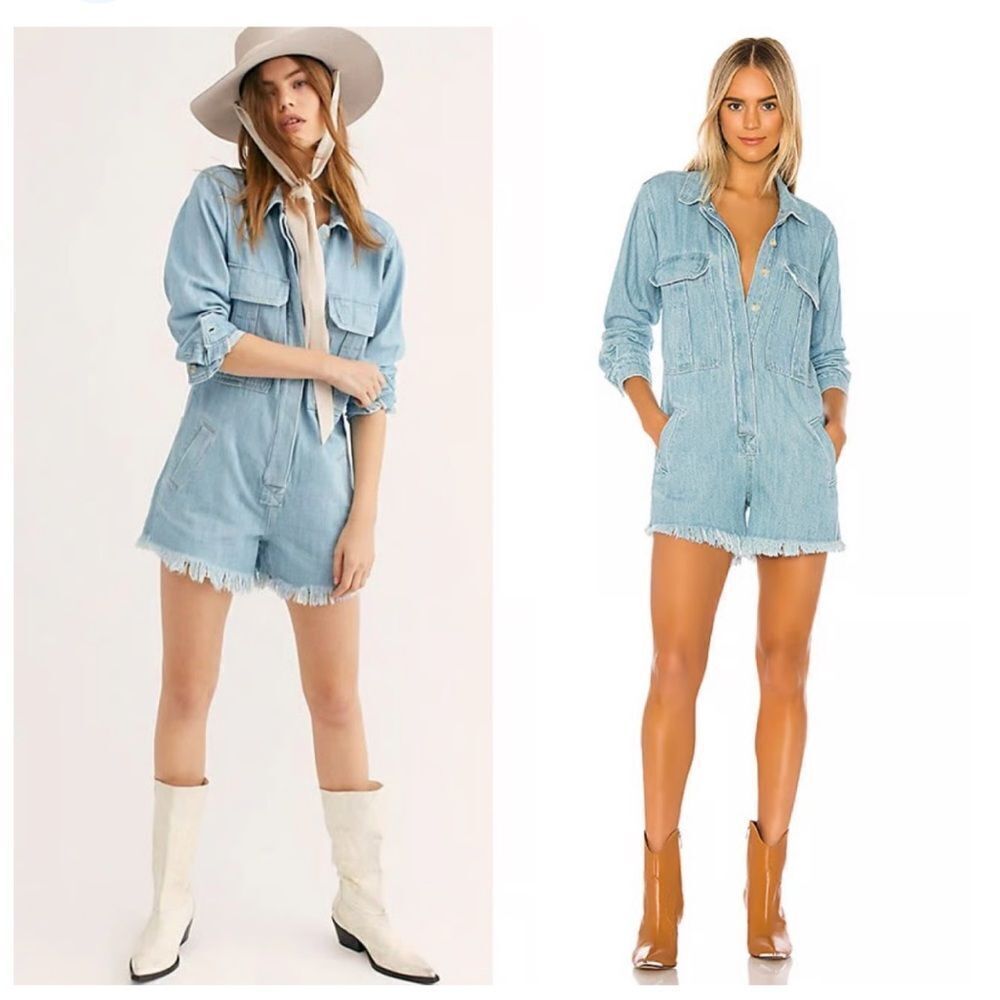 Free People Shapeshifter Denim Utility Romper Light Blue Long Sleeve Sz Small